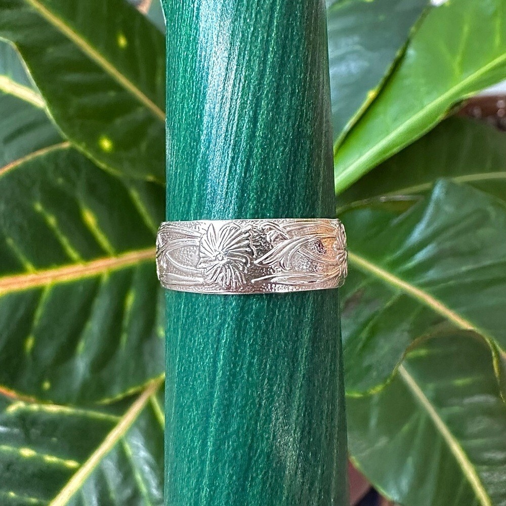 Men's Wide Band Floral Pattern Sterling Silver Ring Open Cuff - Picture 3 of 5